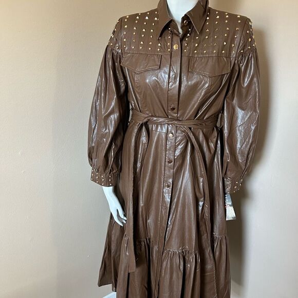 NWT Faux Leather Brown Studded Dress -Size 14 - Picture 9 of 13